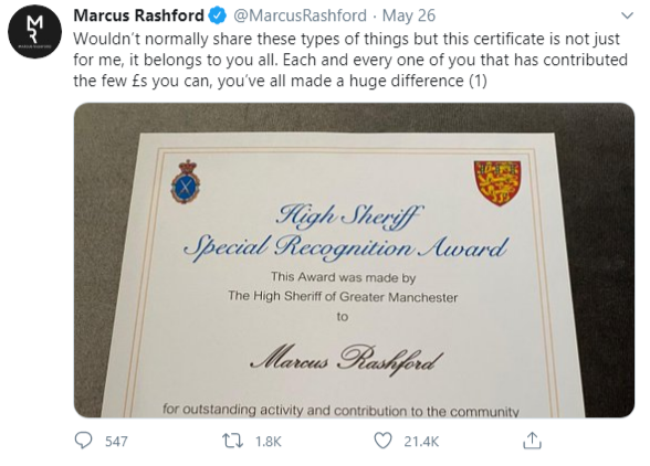 Marcus Rashford Receives Special Recognition Award By Greater Manchester’s High Sheriff  