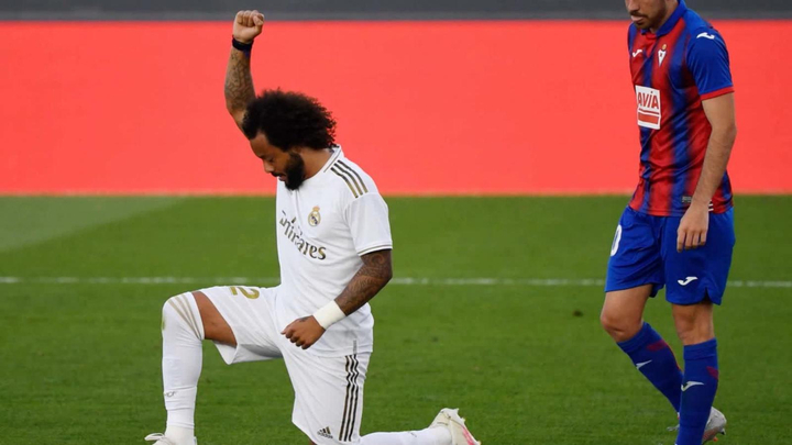 The Brazilian full-back Marcelo raised his right fist in protest  