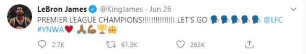 LeBron James celebrates Liverpool victory  